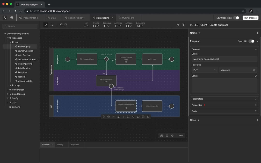 One tool for two worlds: on the left modeled visually in the BPMN standard, on the right the same flow in code