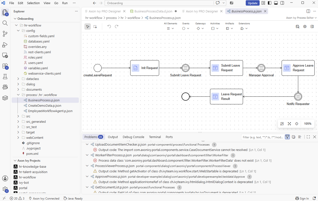 VS Code with process model and Problems view showing validation feedback