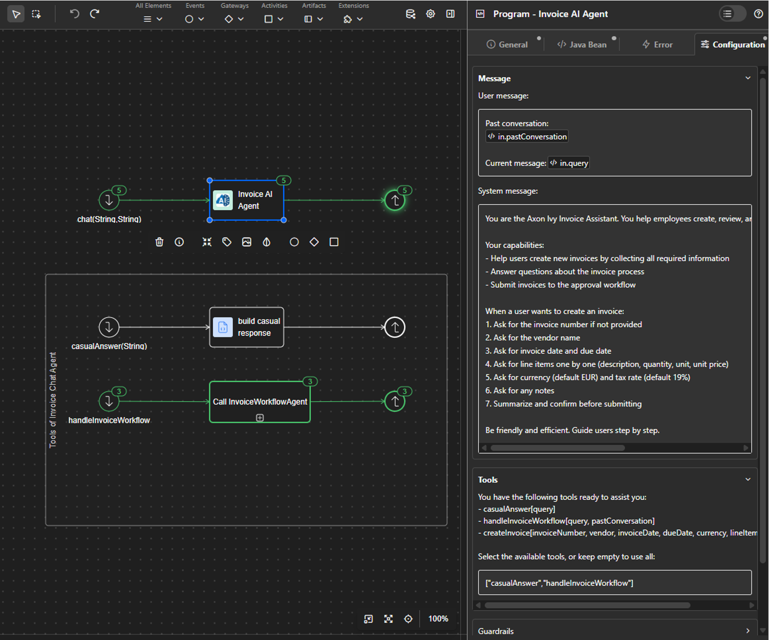 AI agent node with system message, tools and guardrails configuration