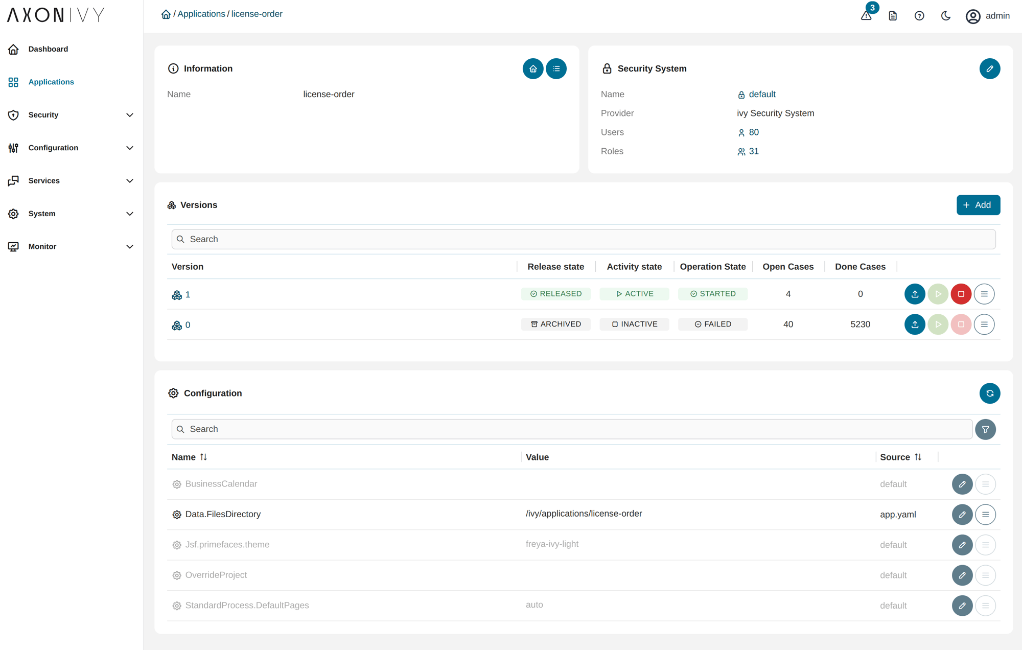Application versions with release, activity and operation state