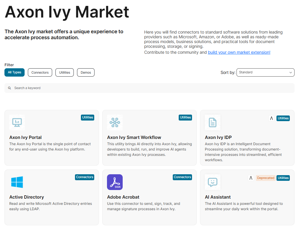 Axon Ivy Market with connectors, utilities and demos