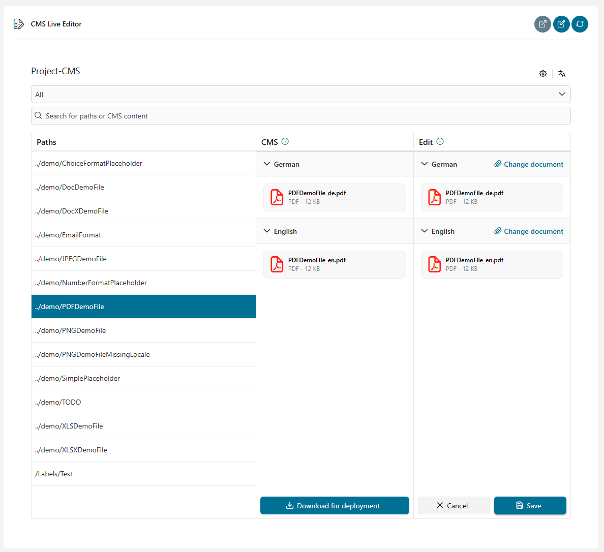 CMS Live Editor 2.0 with German and English content side by side