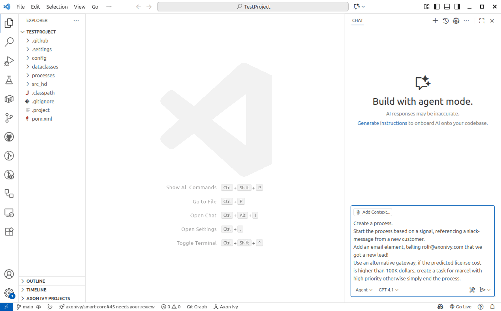 Natural-language prompt in VS Code agent mode to create an Axon Ivy process